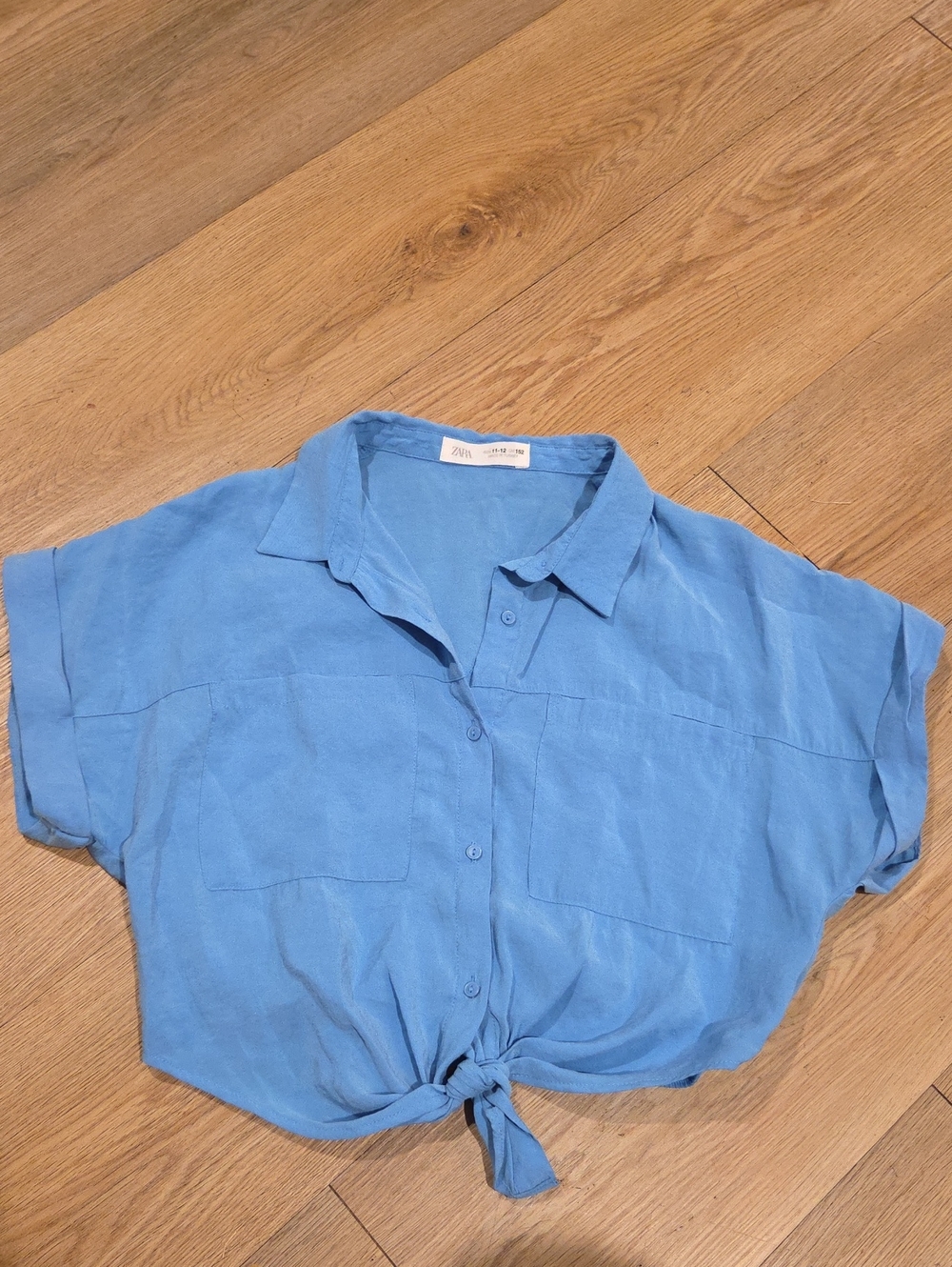 Zara Sky Blue Short-Sleeve Tie-Hem Button-Down Shirt